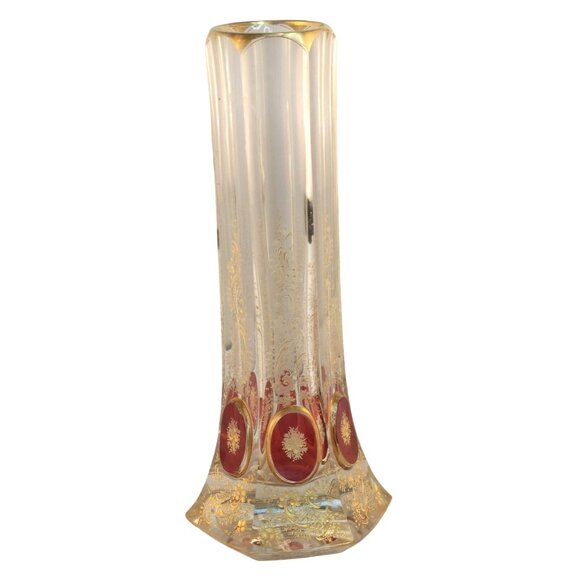Antique Bohemian Crystal Bud Vase Clear Red Gold Etched Floral Design 9.75" Tall - Picture 9 of 13